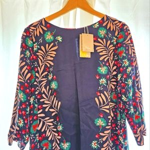NWT Boden satin 3/4 sleeve top, size 10, navy with Scandinavian floral pattern